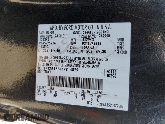 2004 Ford Ranger XL Fleet with VIN 1FTZR15E44PB14829, listed as a Copart auction lot 55150895 with 113,591 mi miles and Salvage Title. Bid and sale history available at DreamBid. Image 12.