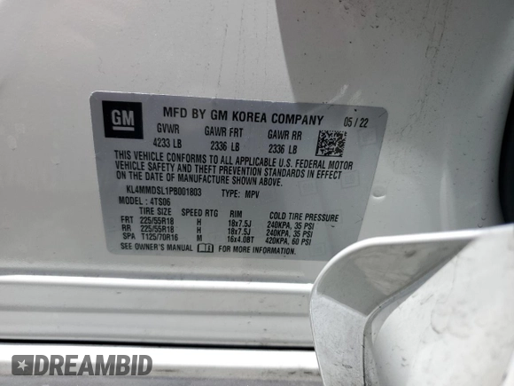 2023 Buick Encore GX Select с VIN KL4MMDSL1PB001803, выставлен на аукционе Copart как лот 56689455 с пробегом 35 214 миль миль и Списание • Salvage title. История ставок и продаж доступна на DreamBid. Изображение 13.