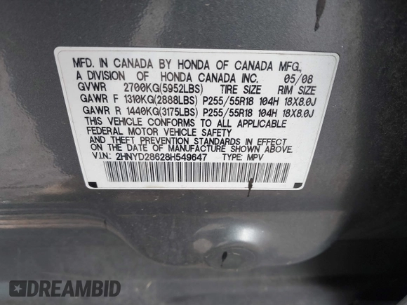 2008 Acura MDX Tech/Pwr Tail Gate with VIN 2HNYD28628H549647, listed as a IAAI auction lot 41820247 with 217,618 mi miles. Bid and sale history available at carsss.com. Image 9.