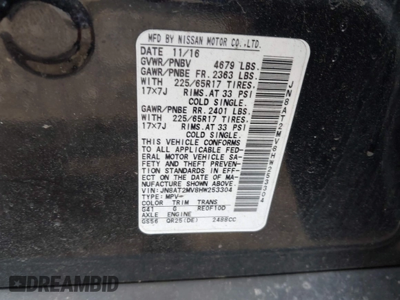 2017 Nissan Rogue S with VIN JN8AT2MV8HW253304, listed as a IAAI auction lot 39701351 with 63,887 mi miles. Bid and sale history available at carsss.com. Image 9.