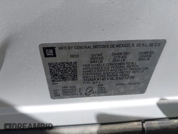 2020 Chevrolet Equinox LS with VIN 3GNAXHEV6LS527239, listed as a IAAI auction lot 41970034 with 145,197 mi miles and . Bid and sale history available at DreamBid. Image 8.