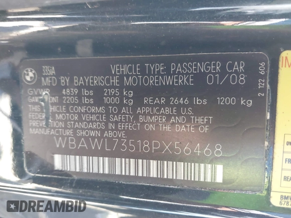 2008 BMW 3 Series 335i with VIN WBAWL73518PX56468, listed as a IAAI auction lot 41584606 with 119,754 mi miles and . Bid and sale history available at carsss.com. Image 9.