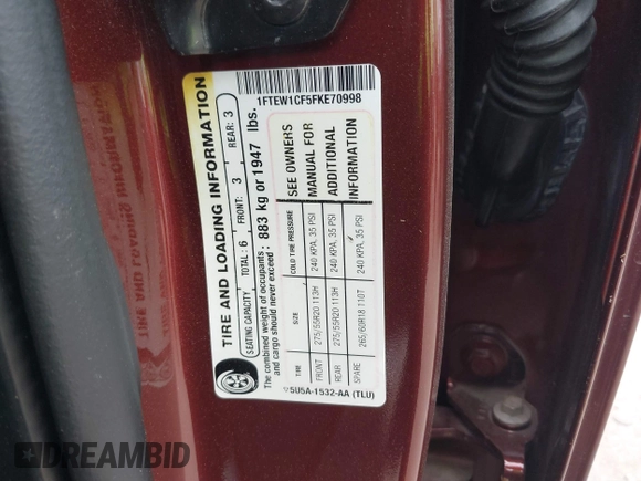 2015 Ford F-150 XL with VIN 1FTEW1CF5FKE70998, listed as a IAAI auction lot 41794930 with 189,769 mi miles and . Bid and sale history available at DreamBid. Image 9.