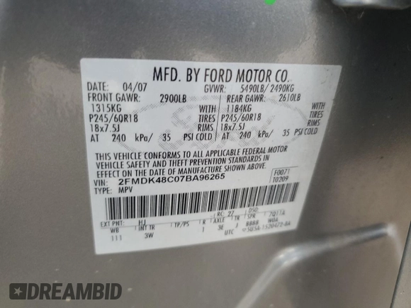 2007 Ford Edge SEL with VIN 2FMDK48C07BA96265, listed as a Copart auction lot 52013325 with 154,626 mi miles and Salvage Title. Bid and sale history available at carsss.com. Image 13.