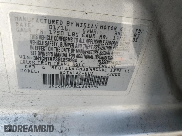 2016 Nissan Versa S z VIN 3N1CN7AP3GL859294, wystawiony jako Copart lot #57069925 z przebiegiem 124 928 mil mil oraz Czysty tytuł • Clean title. Historia ofert i sprzedaży dostępna na DreamBid. Obrazek 12.