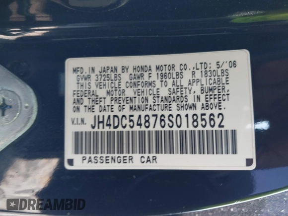 2006 Acura RSX with VIN JH4DC54876S018562, listed as a IAAI auction lot 41885246 with 1 mi miles. Bid and sale history available at carsss.com. Image 9.