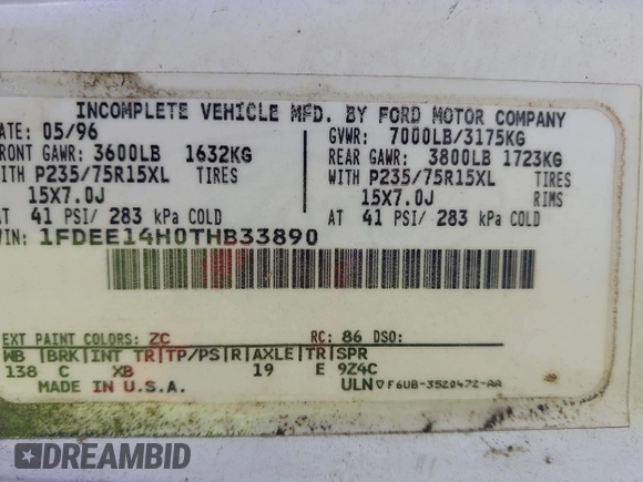 1996 Ford Econoline Cargo z VIN 1FDEE14H0THB33890, wystawiony jako IAAI lot #42460711 z przebiegiem 283 645 mil mil oraz . Historia ofert i sprzedaży dostępna na DreamBid. Obrazek 9.