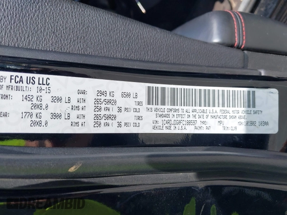 2015 Dodge Durango Limited with VIN 1C4RDJDG0FC188597, listed as a IAAI auction lot 42643498 with 117,729 mi miles and . Bid and sale history available at DreamBid. Image 9.