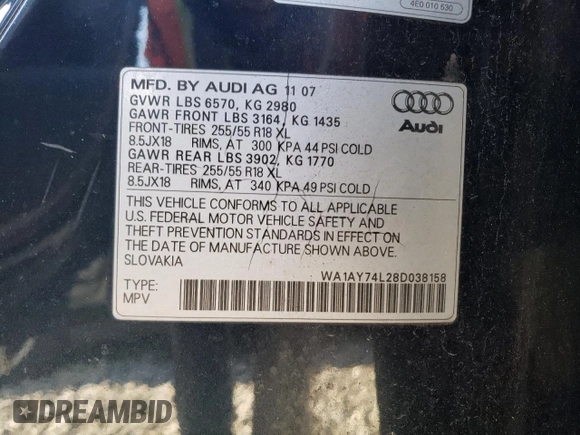 2008 Audi Q7 3.6L with VIN WA1AY74L28D038158, listed as a Copart auction lot 48299625 with 183,817 mi miles and Clean Title. Bid and sale history available at carsss.com. Image 13.
