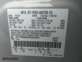 2024 Ford Maverick XL with VIN 3FTTW8B95RRA63601, listed as a IAAI auction lot 40163714 with 1,174 mi miles. Bid and sale history available at carsss.com. Image 9.