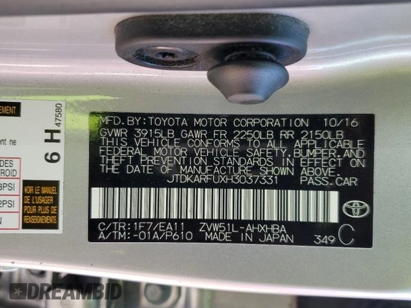 2017 Toyota Prius Two with VIN JTDKARFUXH3037331, listed as a Copart auction lot 89314285 with 74,619 mi miles and Salvage Title. Bid and sale history available at carsss.com. Image 12.