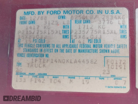 1989 Ford F-150 with VIN 1FTEF14N0KLA44582, listed as a IAAI auction lot 42108560 with 622 mi miles. Bid and sale history available at carsss.com. Image 9.