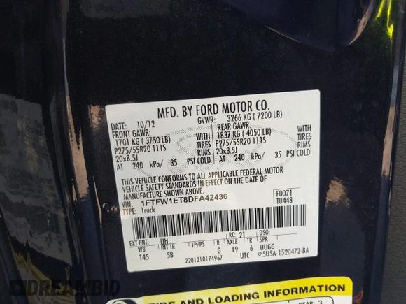 2013 Ford F-150 XL z VIN 1FTFW1ET8DFA42436, wystawiony jako IAAI lot #40626783 z przebiegiem 138 392 mil mil oraz . Historia ofert i sprzedaży dostępna na DreamBid. Obrazek 9.