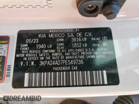 2023 Kia Rio S with VIN 3KPA24AD7PE549736, listed as a Copart auction lot 50428615 with 34,431 mi miles and Salvage Title. Bid and sale history available at carsss.com. Image 14.