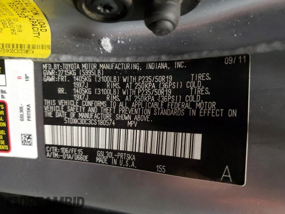 2012 Toyota Sienna SE with VIN 5TDXK3DC3CS180574, listed as a Copart auction lot 45020255 with 240,341 mi miles and Clean Title. Bid and sale history available at carsss.com. Image 13.
