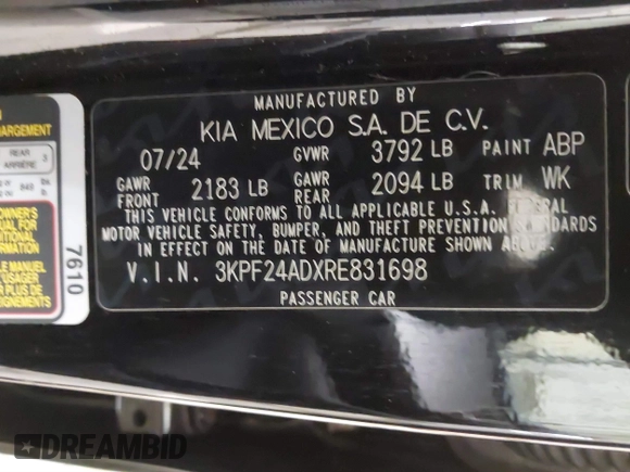 2024 Kia Forte LXS z VIN 3KPF24ADXRE831698, wystawiony jako IAAI lot #41337698 z przebiegiem 1 843 mil mil oraz . Historia ofert i sprzedaży dostępna na DreamBid. Obrazek 9.