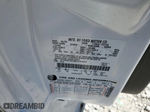 2009 Ford F-150 XL z VIN 1FTPW12V49KC61077, wystawiony jako Copart lot #60334045 z przebiegiem 135 014 mil mil oraz Szkoda całkowita • Salvage title. Historia ofert i sprzedaży dostępna na DreamBid. Obrazek 12.
