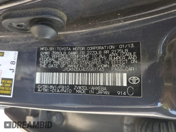 2013 Toyota Prius One with VIN JTDKN3DU4D5587143, listed as a Copart auction lot 60160945 with 168,930 mi miles and Salvage title. Bid and sale history available at DreamBid. Image 12.