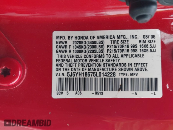 2005 Honda Element EX with VIN 5J6YH18675L014228, listed as a IAAI auction lot 42164453 with 182,423 mi miles and . Bid and sale history available at DreamBid. Image 9.