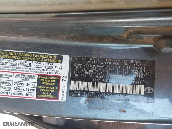 2010 Toyota Camry with VIN 4T4BF3EK8AR004909, listed as a IAAI auction lot 41451448 with 310,685 mi miles. Bid and sale history available at carsss.com. Image 9.