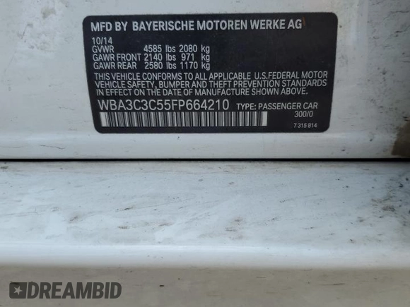 2015 BMW 3 Series 320i xDrive с VIN WBA3C3C55FP664210, выставлен на аукционе Copart как лот 64641294 с пробегом 92 573 миль миль и Списание • Salvage title. История ставок и продаж доступна на DreamBid. Изображение 12.