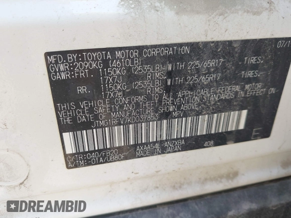 2019 Toyota RAV4 LE с VIN JTMG1RFV7KD037853, выставлен на аукционе IAAI как лот 42453802 с пробегом 124 348 миль миль и . История ставок и продаж доступна на DreamBid. Изображение 9.