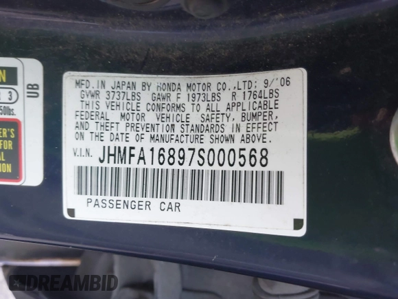 2007 Honda Civic EX with VIN JHMFA16897S000568, listed as a IAAI auction lot 41950275 with 147,735 mi miles and . Bid and sale history available at DreamBid. Image 9.