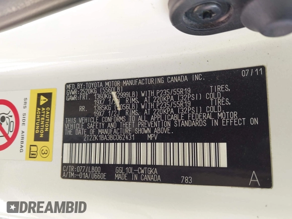 2011 Lexus RX 350 with VIN 2T2ZK1BA3BC062431, listed as a IAAI auction lot 41830116 with 163,504 mi miles and . Bid and sale history available at DreamBid. Image 9.