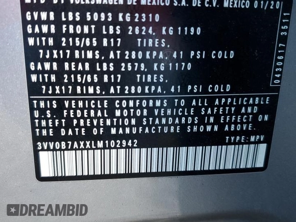 2020 Volkswagen Tiguan S z VIN 3VV0B7AXXLM102942, wystawiony jako Copart lot #79536254 z przebiegiem 53 069 mil mil oraz Szkoda całkowita • Salvage title. Historia ofert i sprzedaży dostępna na DreamBid. Obrazek 13.