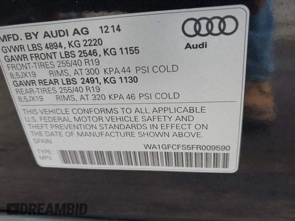 2015 Audi Q3 Prestige with VIN WA1GFCFS5FR009590, listed as a IAAI auction lot 41694903 with 164,193 mi miles and . Bid and sale history available at DreamBid. Image 9.