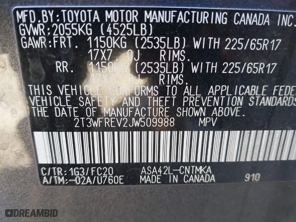 2018 Toyota RAV4 XLE with VIN 2T3WFREV2JW509988, listed as a IAAI auction lot 41729250 with 96,135 mi miles. Bid and sale history available at carsss.com. Image 9.
