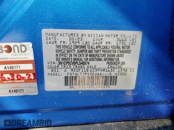 2023 Nissan Kicks SV with VIN 3N1CP5CV0PL540574, listed as a Copart auction lot 64501265 with 29,481 mi miles and Salvage title. Bid and sale history available at DreamBid. Image 13.