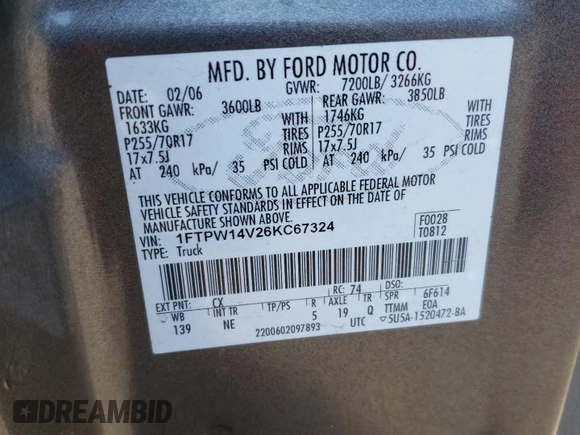 2006 Ford F-150 XLT with VIN 1FTPW14V26KC67324, listed as a Copart auction lot 83066264 with 233,981 mi miles and Salvage Title. Bid and sale history available at carsss.com. Image 14.