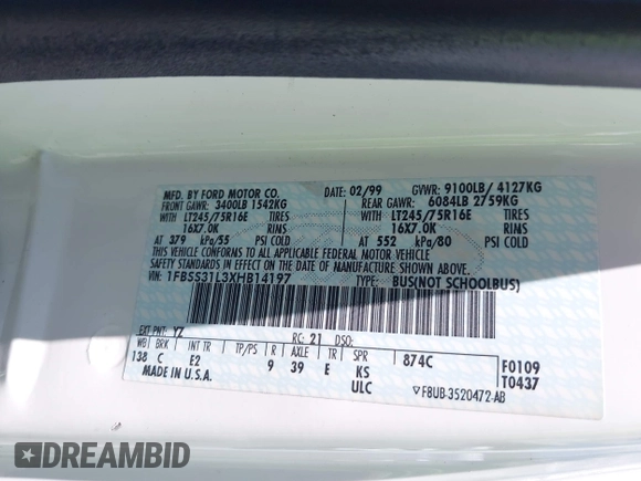 1999 Ford Econoline Passenger XL with VIN 1FBSS31L3XHB14197, listed as a IAAI auction lot 42253831 with 41,664 mi miles and . Bid and sale history available at DreamBid. Image 9.