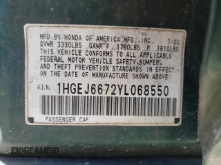2000 Honda Civic LX z VIN 1HGEJ6672YL068550, wystawiony jako Copart lot #43156234 z przebiegiem 258 216 mil mil oraz Szkoda całkowita • Salvage title. Historia ofert i sprzedaży dostępna na DreamBid. Obrazek 12.