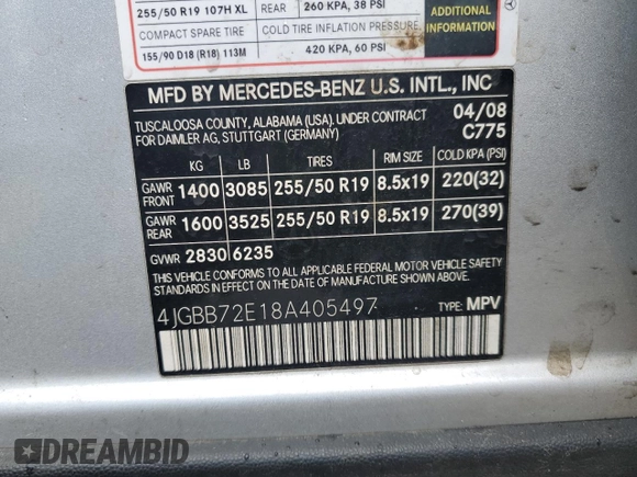 2008 Mercedes-Benz M 550 с VIN 4JGBB72E18A405497, выставлен на аукционе Copart как лот 50328955 с пробегом 248 384 миль миль и Чистый • Clean title. История ставок и продаж доступна на DreamBid. Изображение 13.