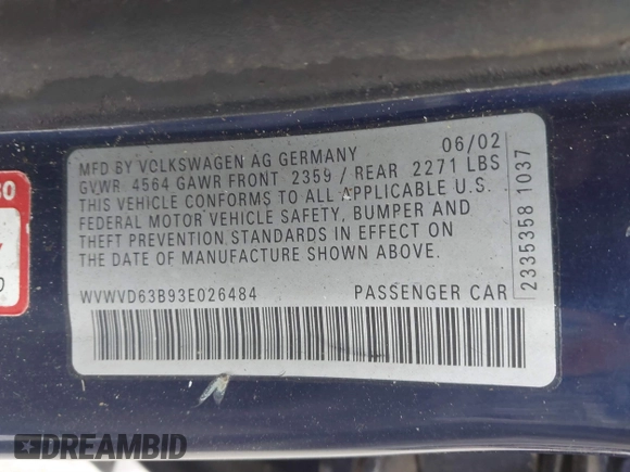 2003 Volkswagen Passat GLS z VIN WVWVD63B93E026484, wystawiony jako IAAI lot #41071543 z przebiegiem 172 538 mil mil oraz . Historia ofert i sprzedaży dostępna na DreamBid. Obrazek 9.