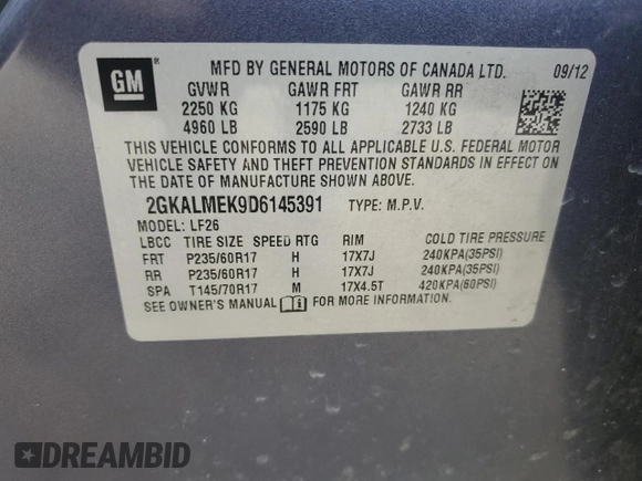 2013 GMC Terrain SLE z VIN 2GKALMEK9D6145391, wystawiony jako Copart lot #60127425 z przebiegiem 184 761 mil mil oraz Szkoda całkowita • Salvage title. Historia ofert i sprzedaży dostępna na DreamBid. Obrazek 13.