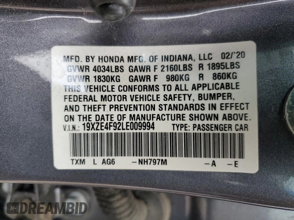 2020 Honda Insight Touring with VIN 19XZE4F92LE009994, listed as a Copart auction lot 44508455 with Not Provided miles and Salvage Title. Bid and sale history available at carsss.com. Image 12.