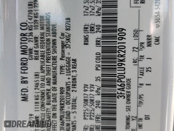 2019 Ford Fusion Hybrid SE with VIN 3FA6P0LU9KR201909, listed as a Copart auction lot 46178173 with 158,652 mi miles. Bid and sale history available at carsss.com. Image 13.