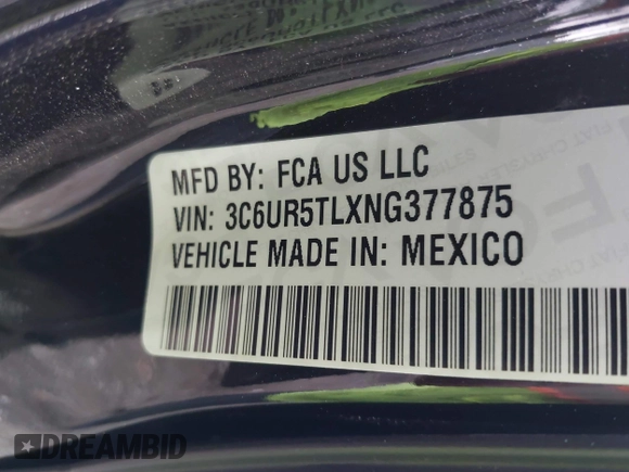 2022 Ram 2500 Limited with VIN 3C6UR5TLXNG377875, listed as a IAAI auction lot 42610178 with 46,390 mi miles and . Bid and sale history available at DreamBid. Image 9.