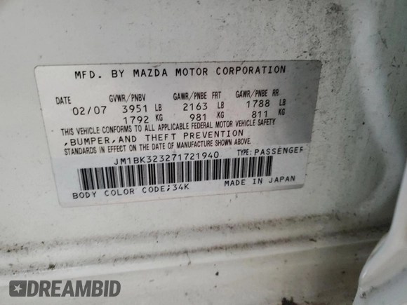 2007 Mazda 3 s Sport with VIN JM1BK323271721940, listed as a Copart auction lot 83807504 with 136,663 mi miles and Salvage Title. Bid and sale history available at carsss.com. Image 12.