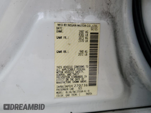 2015 Nissan Altima SL with VIN 1N4BL3AP1FC270736, listed as a Copart auction lot 81253054 with 125,981 mi miles and Salvage Title. Bid and sale history available at DreamBid. Image 14.