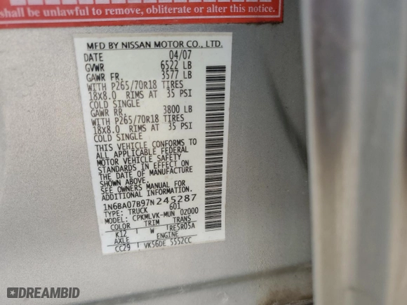 2007 Nissan Titan LE with VIN 1N6BA07B97N245287, listed as a Copart auction lot 65670794 with 360,788 mi miles and Salvage Title. Bid and sale history available at carsss.com. Image 14.