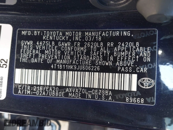 2018 Toyota Camry LE with VIN 4T1B11HK9JU606226, listed as a IAAI auction lot 41860788 with 95,168 mi miles. Bid and sale history available at carsss.com. Image 9.