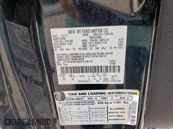 2013 Ford F-150 XL with VIN 1FTFW1ET2DFC34113, listed as a Copart auction lot 62120405 with 54,344 mi miles and Salvage title. Bid and sale history available at DreamBid. Image 12.
