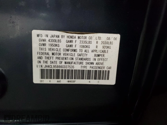 2006 Acura TSX with VIN JH4CL95866C037535, listed as a Copart auction lot 51243005 with 101,864 mi miles and Salvage title. Bid and sale history available at DreamBid. Image 12.