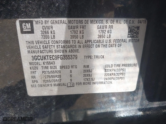 2015 Chevrolet Silverado 1500 High Country with VIN 3GCUKTEC9FG355379, listed as a IAAI auction lot 41923900 with 253,497 mi miles. Bid and sale history available at carsss.com. Image 9.