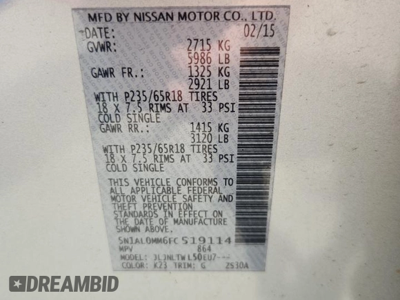 2015 Infiniti QX60 with VIN 5N1AL0MM6FC519114, listed as a Copart auction lot 64108715 with 179,236 mi miles and Clean title. Bid and sale history available at DreamBid. Image 13.