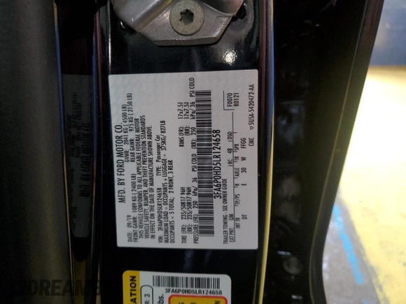 2020 Ford Fusion SE с VIN 3FA6P0HD5LR124658, выставлен на аукционе Copart как лот 58353795 с пробегом 66 258 миль миль и Списание • Salvage title. История ставок и продаж доступна на DreamBid. Изображение 12.